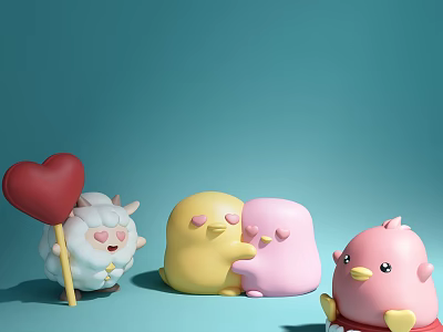 Plush Dolls Featuring White One Holding Red Heart Lollipop Yellow Pink Hugging And Pink Chick 3d model