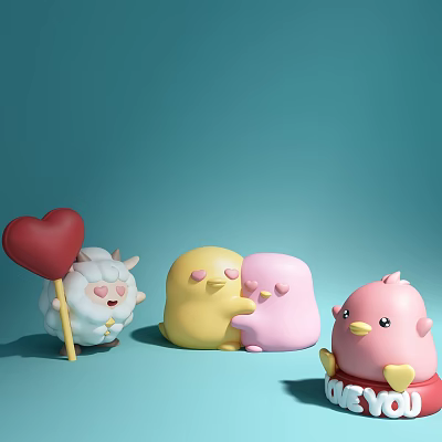 Plush Dolls Featuring White One Holding Red Heart Lollipop Yellow Pink Hugging And Pink Chick 3d model