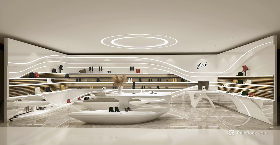 Modern Stylish Retail Store Interior Featuring Curved Display Shelves And Lighting Design 3d model 