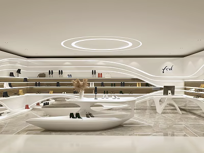 Modern Stylish Retail Store Interior Featuring Curved Display Shelves And Lighting Design 3d model