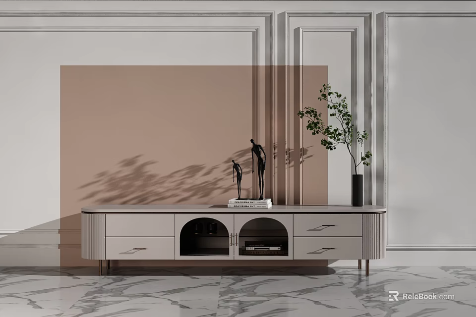 Modern TV Stand With Drawers Open Compartments And Potted Plant On Marble Floor 3d model 