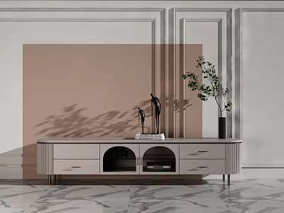Modern TV Stand With Drawers Open Compartments And Potted Plant On Marble Floor 3d model