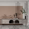 Modern TV Stand With Drawers Open Compartments And Potted Plant On Marble Floor