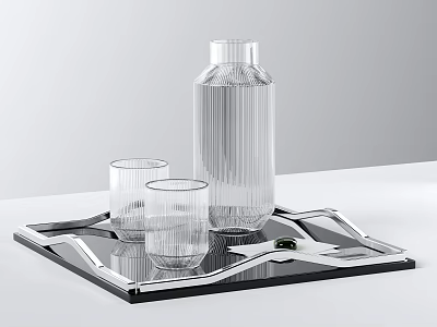 Decorative Ornament Set With Transparent Glass Vase Glass Cups On Black Silver Decorated Tray 3d model