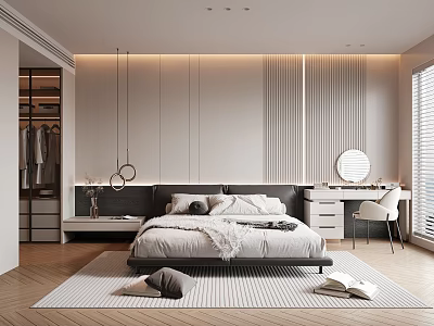 Modern Minimalist Bedroom With Striped Wall Hanging Lights Bed And Dressing Table 3d model