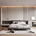 Modern Minimalist Bedroom With Striped Wall Hanging Lights Bed And Dressing Table