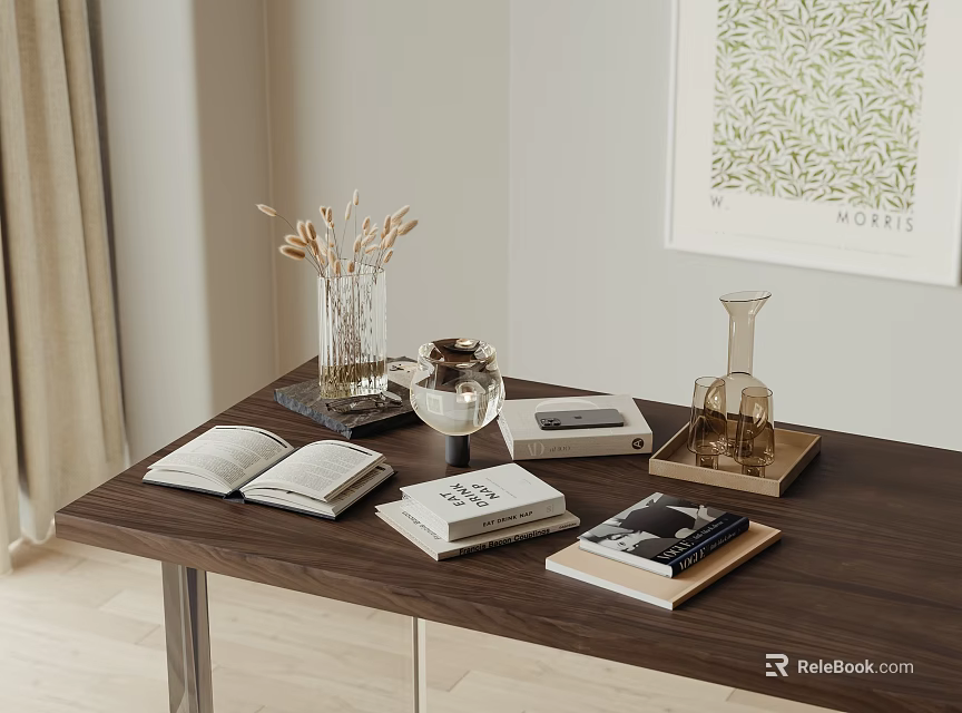 Decorative Ornament Set with Books Clear Vase Dried Flowers Glass Bowl and Metal Stand 3d model 