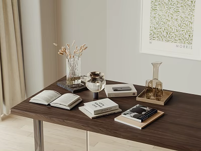 Decorative Ornament Set with Books Clear Vase Dried Flowers Glass Bowl and Metal Stand 3d model