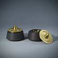 Elegant Three Piece Decorative Ornament Set With Black Base And Golden Open Lid