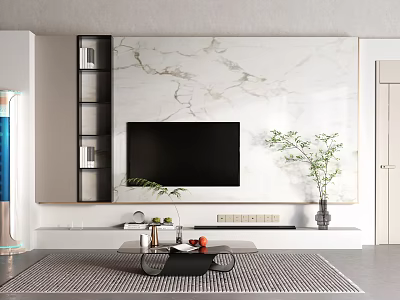 Modern TV Wall Design With Marble Panel And Built In Shelves 3d model