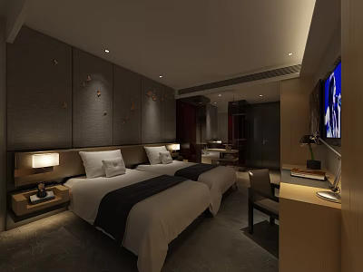Modern Hotel Room Interior With Twin Beds Nightstands Table Lamps Desk And TV 3d model