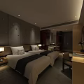 Modern Hotel Room Interior With Twin Beds Nightstands Table Lamps Desk And TV