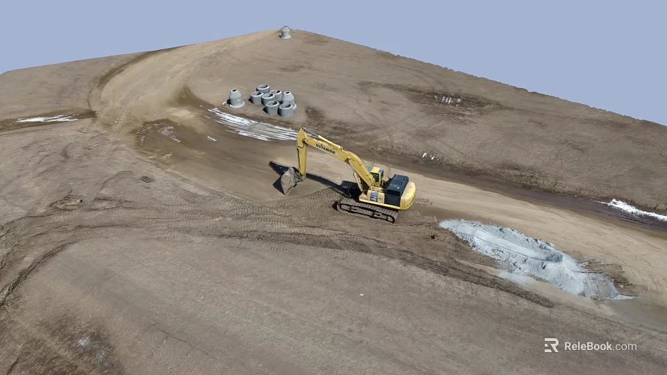 Active Construction Site With Yellow Excavator Working On Dirt Ground And White Pipes 3d model 