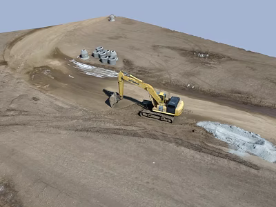 Active Construction Site With Yellow Excavator Working On Dirt Ground And White Pipes 3d model
