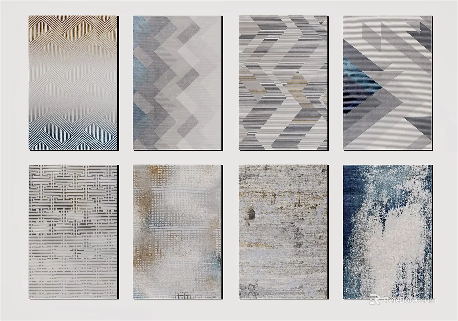 Square Rugs Featuring Geometric Patterns Textured Designs Blue Gray Beige Tones 3d model