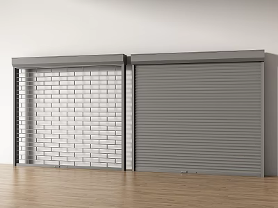 Brick Pattern And Gray Roller Shutters Against White Wall And Wooden Floor 3d model