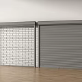 Brick Pattern And Gray Roller Shutters Against White Wall And Wooden Floor