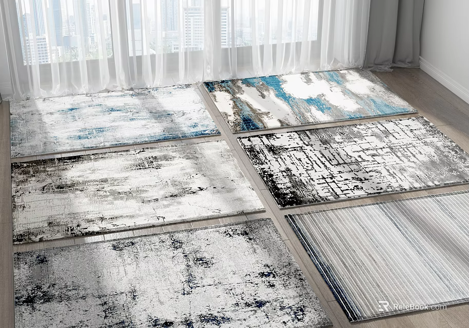 Modern Abstract Square Rugs With Blue White Gray Patterns For Indoor Floor Decor 3d model 
