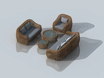 Modern Rattan Sectional Sofa Set With Gray Cushions And Coffee Tables 3d model