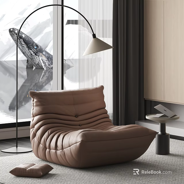Brown Leather Single Seater Sofa With Pleated Design And Floor Lamp By Large Window 3d model 
