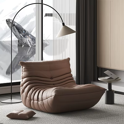 Brown Leather Single Seater Sofa With Pleated Design And Floor Lamp By Large Window 3d model