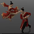 Two Dancers Performing Traditional Chinese Dance In Red Costumes With Dynamic Moves