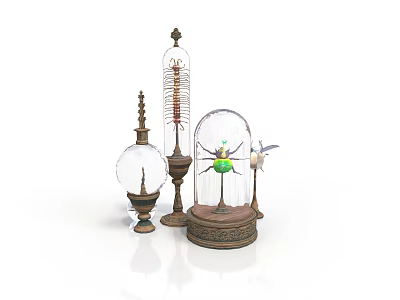 Vintage Decorative Furniture Ornaments Featuring Glass Cloche Metal Stand And Green Insect Figurine 3d model