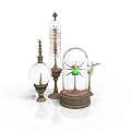 Vintage Decorative Furniture Ornaments Featuring Glass Cloche Metal Stand And Green Insect Figurine