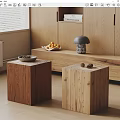Minimalist Two Cube Shaped Wooden Coffee Tables With Fruit Tray Lamp And Cabinet Near Window