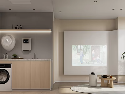 Modern Living Dining Room With Projection Screen Light Gray Cabinets Washing Machine And Wooden Flooring 3d model