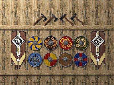 Medieval Weapons Shields With Colorful Badges And Axes Hung On Wooden Wall 3d model