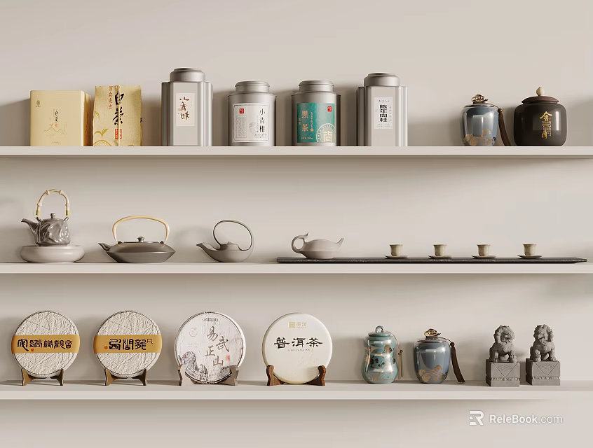 Elegant Tea Set Display with Teapots Canisters and Decorative Tea Cakes on Shelves 3d model 