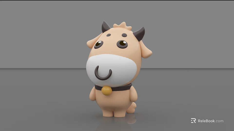 Adorable Light Brown Standing Cow Doll With Black Horns Big Eyes And Yellow Bell 3d model 