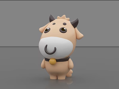 Adorable Light Brown Standing Cow Doll With Black Horns Big Eyes And Yellow Bell 3d model