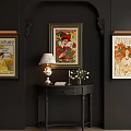 Vintage Poster Wall Decor With Black Console Table Lamp Books And Flowers