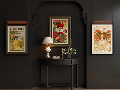 Vintage Poster Wall Decor With Black Console Table Lamp Books And Flowers 3d model