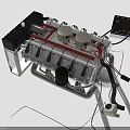 Black And White Industrial Mechanical Device With Red Metal Bars Circular Components And Wires