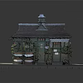 Charming Small Cottage Featuring Green Facade Black Roof Clock Tower Flowers And Bench
