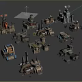 Cartoon Scene With Mechanical Building Models Various Shapes Structures Chimneys Antennas And Pipes