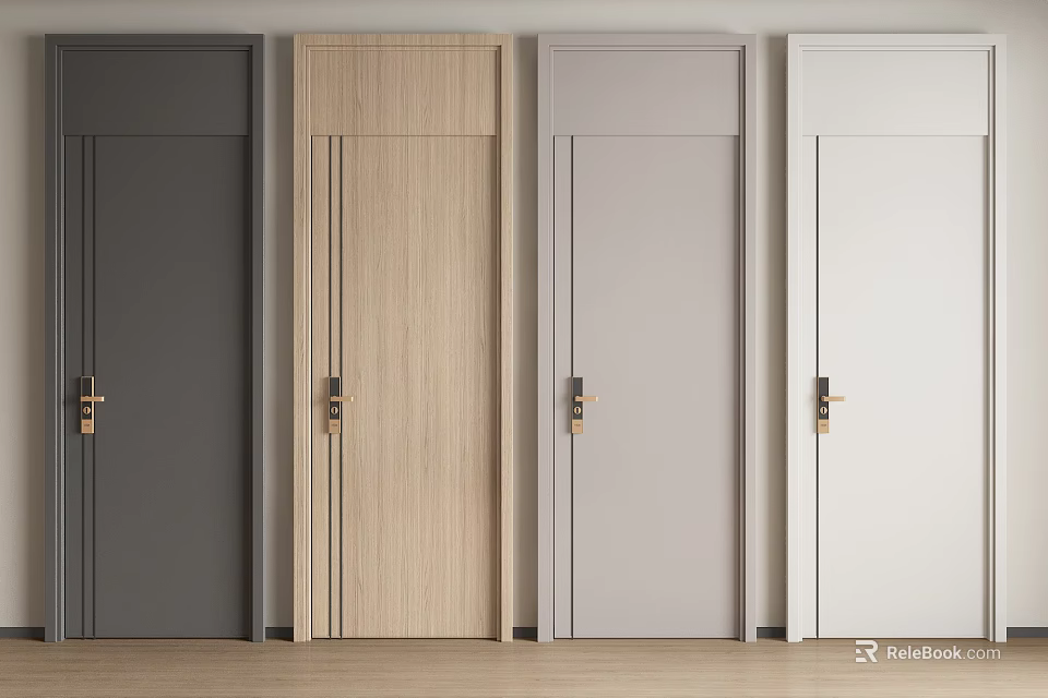 Modern Hinged Doors In Dark Gray Light Wood Light Gray And White Designs 3d model 