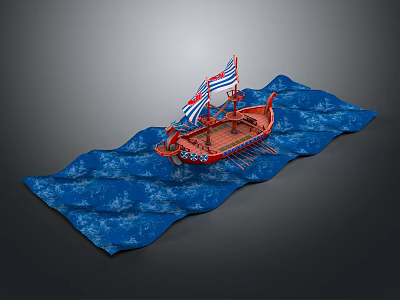 Red Ship Shaped Decorative Light With Blue White Striped Sail And Blue Wave Base 3d model