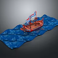 Red Ship Shaped Decorative Light With Blue White Striped Sail And Blue Wave Base