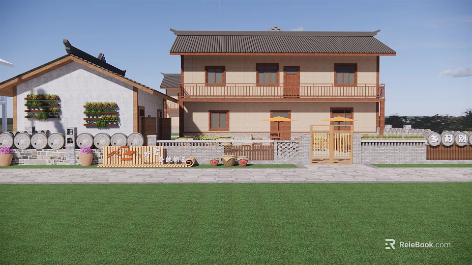 Two Story Rural Self Built House Chinese Style Tile Roof Wooden Balcony Front Lawn 3d model 
