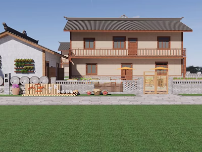 Two Story Rural Self Built House Chinese Style Tile Roof Wooden Balcony Front Lawn 3d model