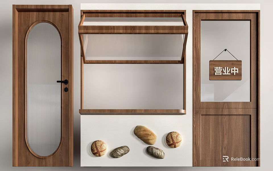 Wooden Store Door With Glass Panel Open Display Case And Fresh Bread 3d model 