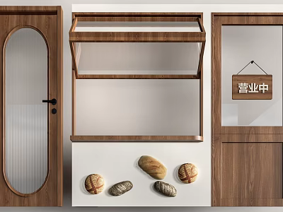 Wooden Store Door With Glass Panel Open Display Case And Fresh Bread 3d model
