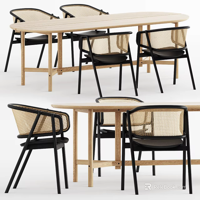 Modern Dining Table Set With Wooden Frame And Rattan Backrest Chairs 3d model