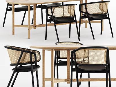 Modern Dining Table Set With Wooden Frame And Rattan Backrest Chairs 3d model