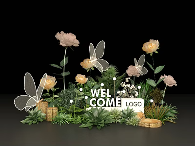 Floral Display With Welcome Sign Butterfly Decorations Pink Yellow Flowers And Green Plants 3d model