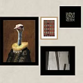 Assorted Framed Wall Art Including Ostrich Portrait Geometric Patterns And Architectural Print